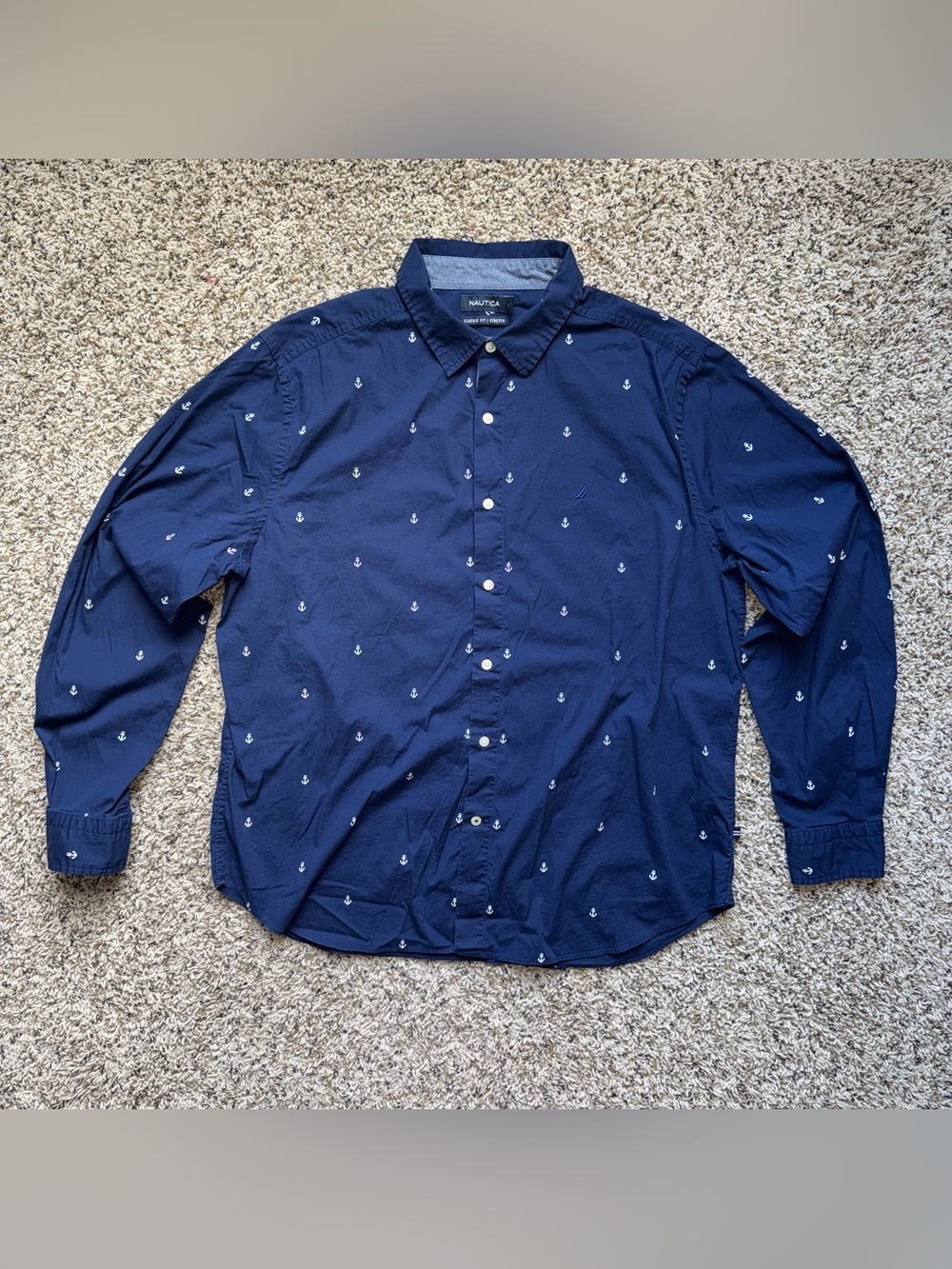 Nautica Men XL Classic Fit Navy Blue White Anchor Print Long Sleeve Button Down